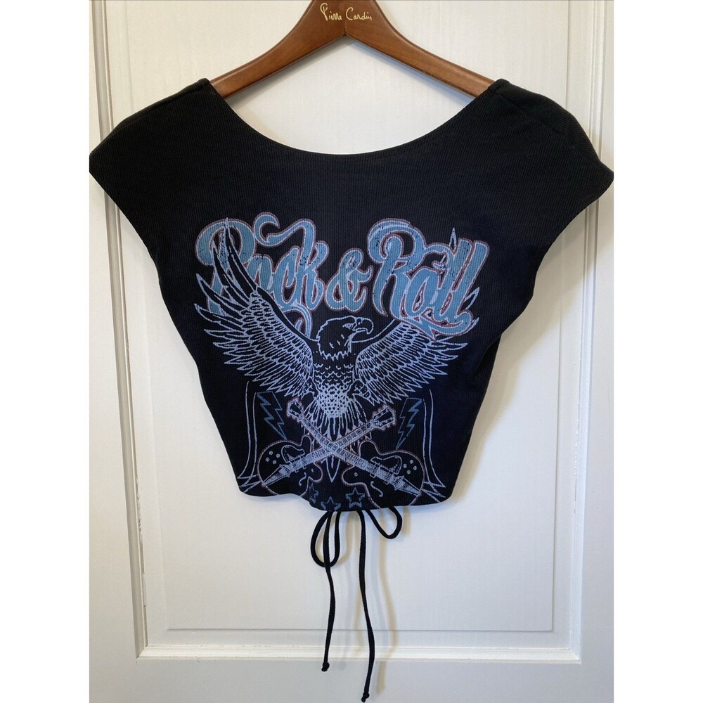 Rock & Roll Graphic Lace Up Back Crop M Shirt Moto Punk Biker Grunge Bodycon
